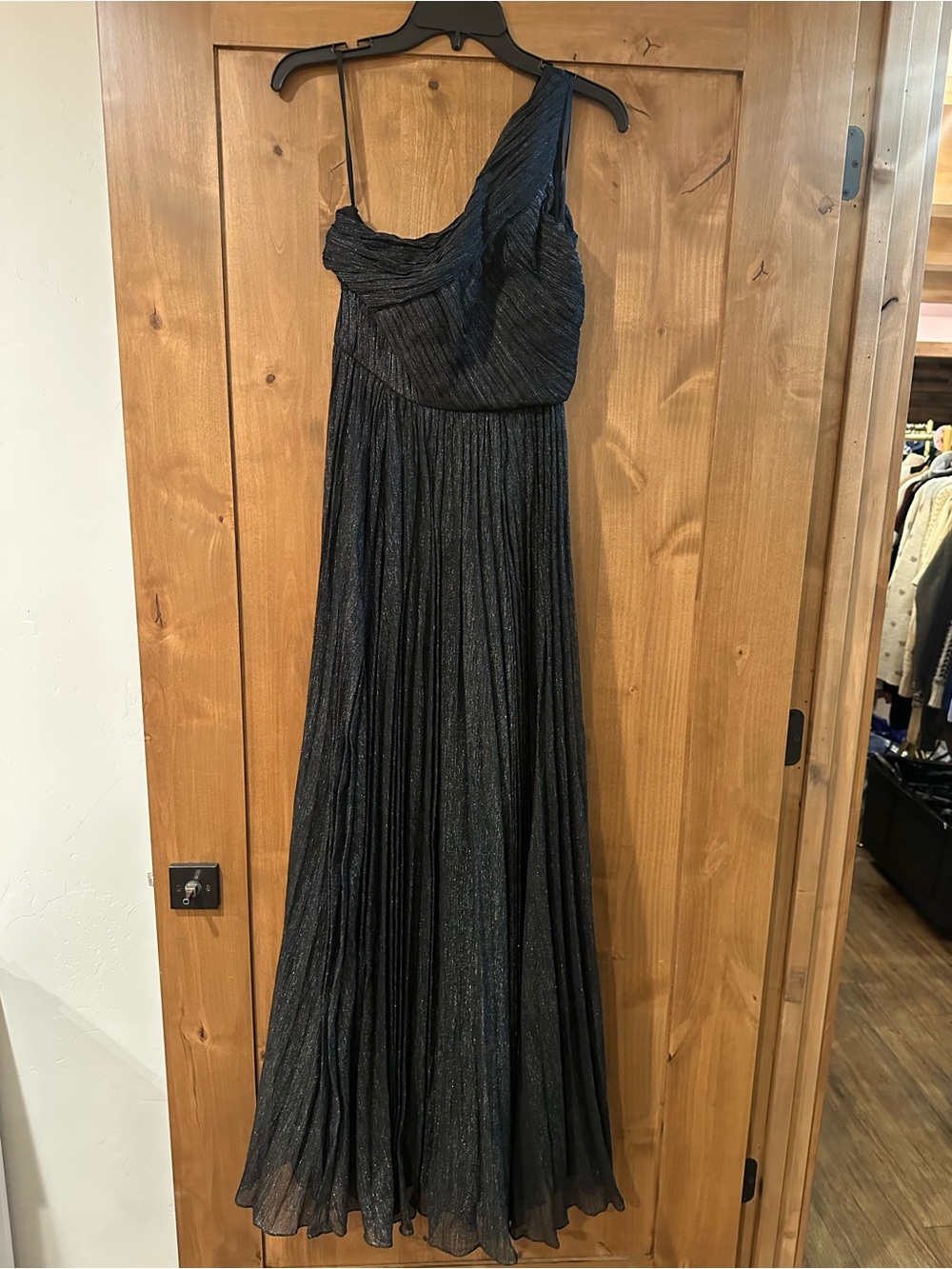 Halston Heritage One-Shoulder Pleated Black Metallic Gown